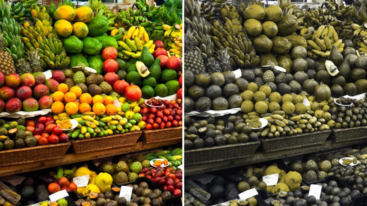 Как видят цвета в жизни люди с протанопией, например овощная палатка